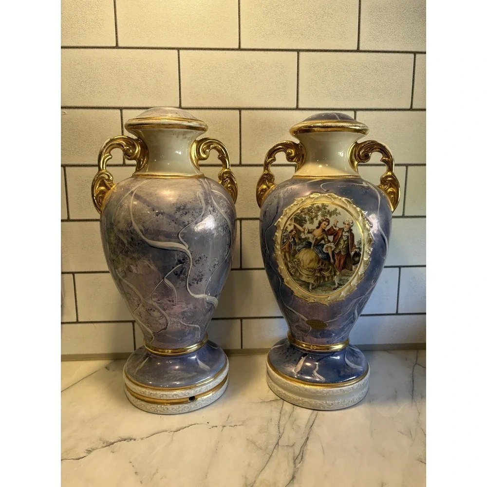 Vintage Le Mieux China 22K Gold Hand Decorated Courting Couple Vase Pair